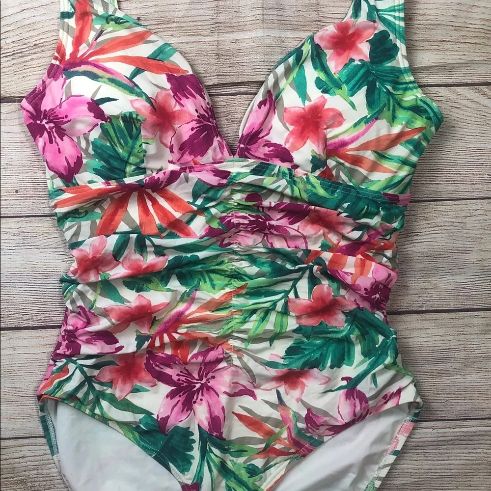 Contours by Coco Reef Tropical Floral Ruched‎ One-Piece in Pink & Green - Picture 6 of 11